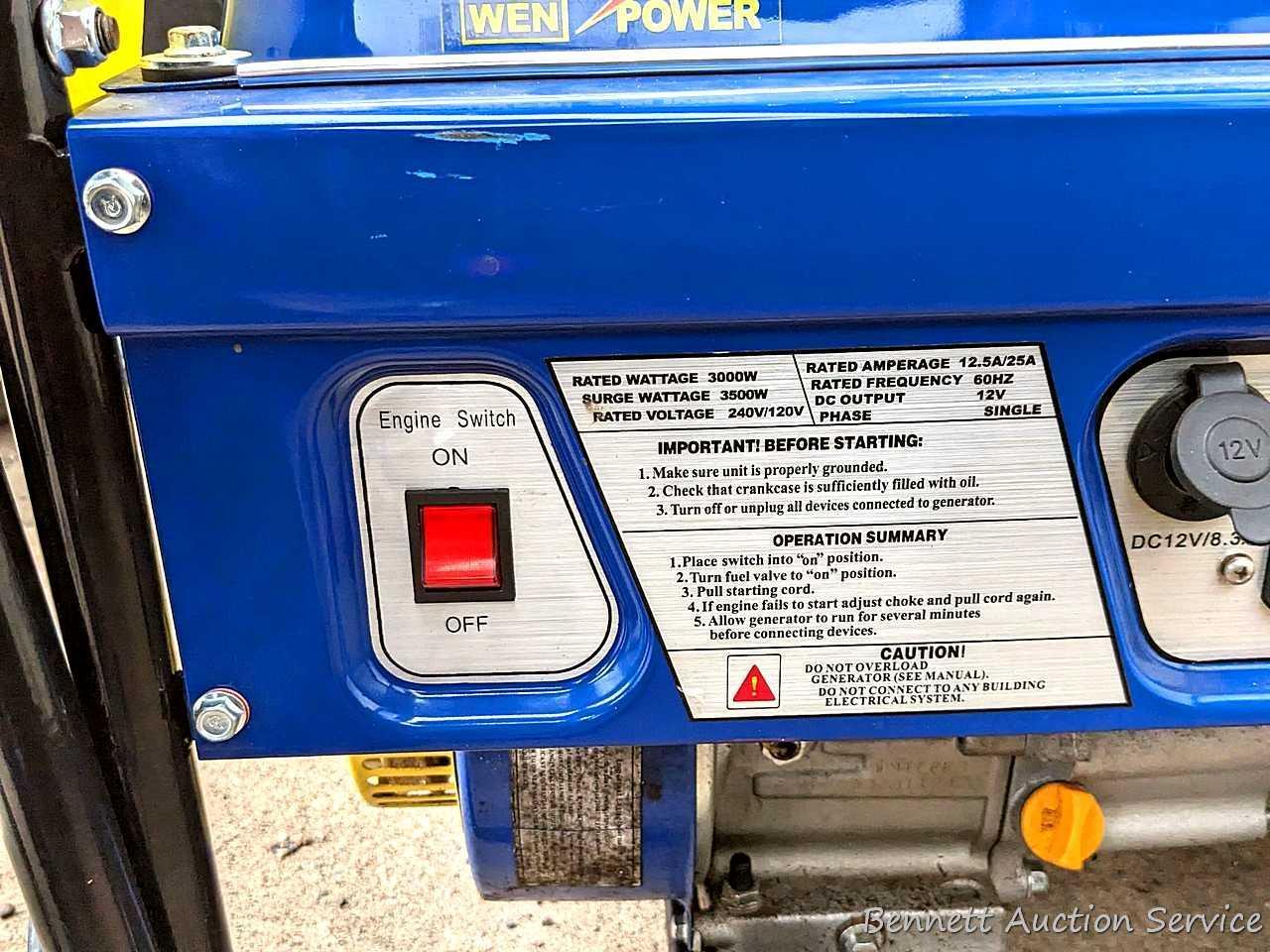 Wen 3500 generator outputs 240 and 120 volt power. Has a 6.5 hp engine that runs nicely. Measures