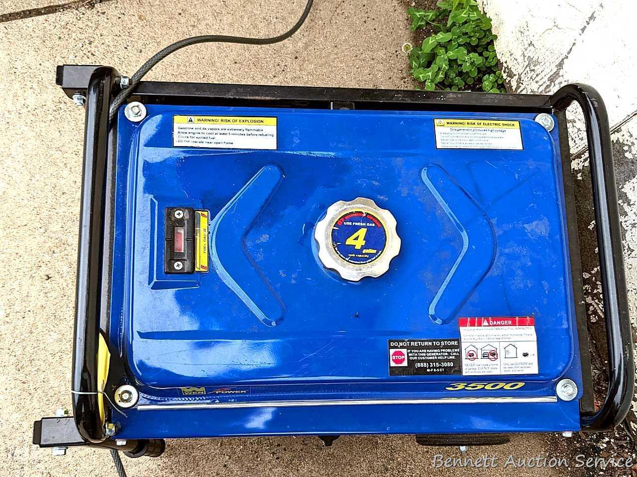 Wen 3500 generator outputs 240 and 120 volt power. Has a 6.5 hp engine that runs nicely. Measures