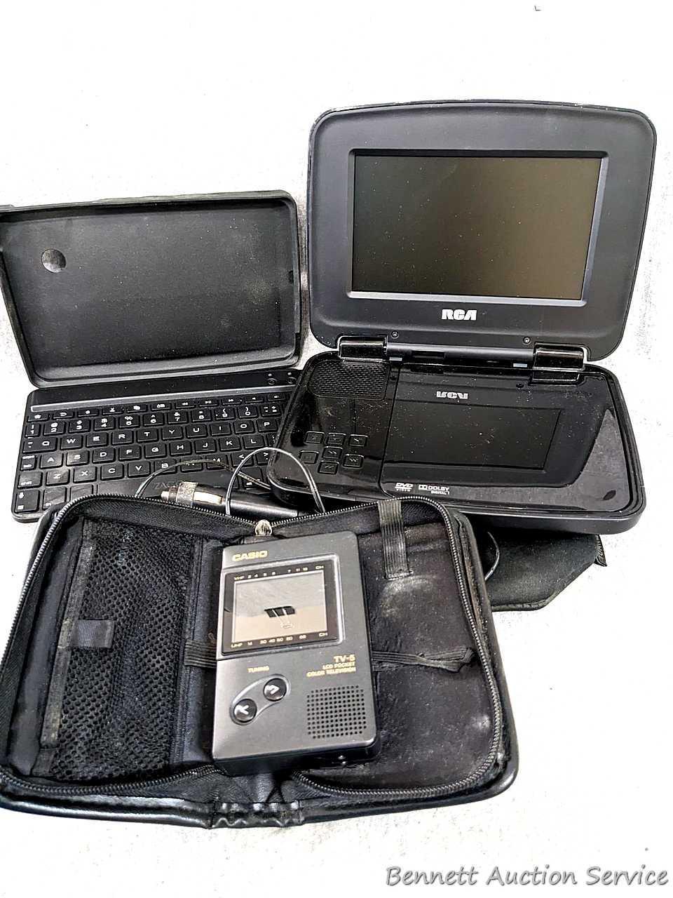 RCA Portable DVD player, ZAGG tablet keyboard case, Casio TV-5 LCD Pocket Color Television and 11"