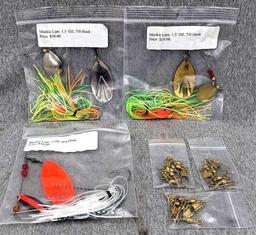 Seller notes three muskie lures, plus three bags of 2-1/2" barrel swivels with snaps. Spinnerbaits