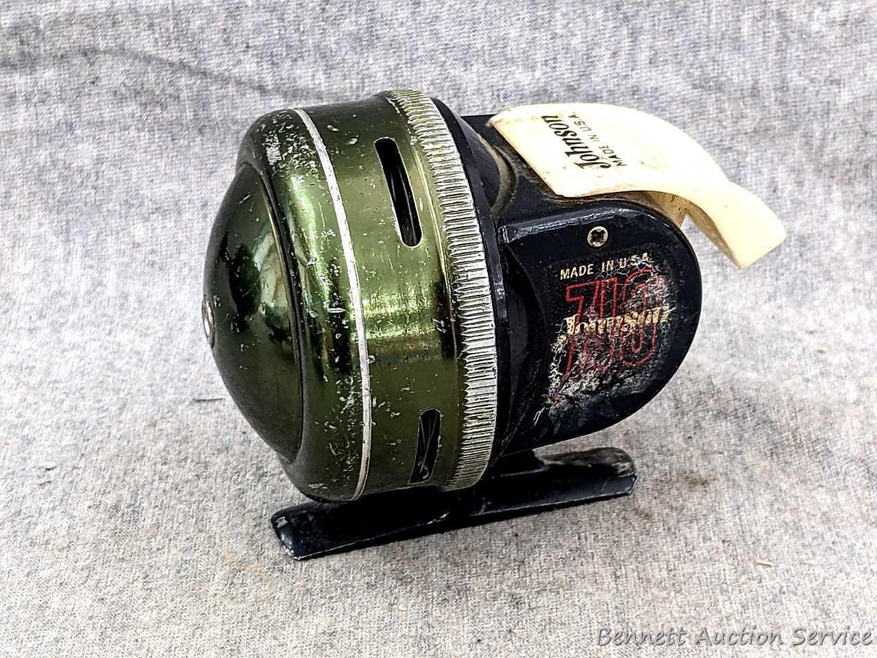 Vintage Johnson fishing reel plus another Johnson reel and a Cisco reel. All handles turn smoothly.