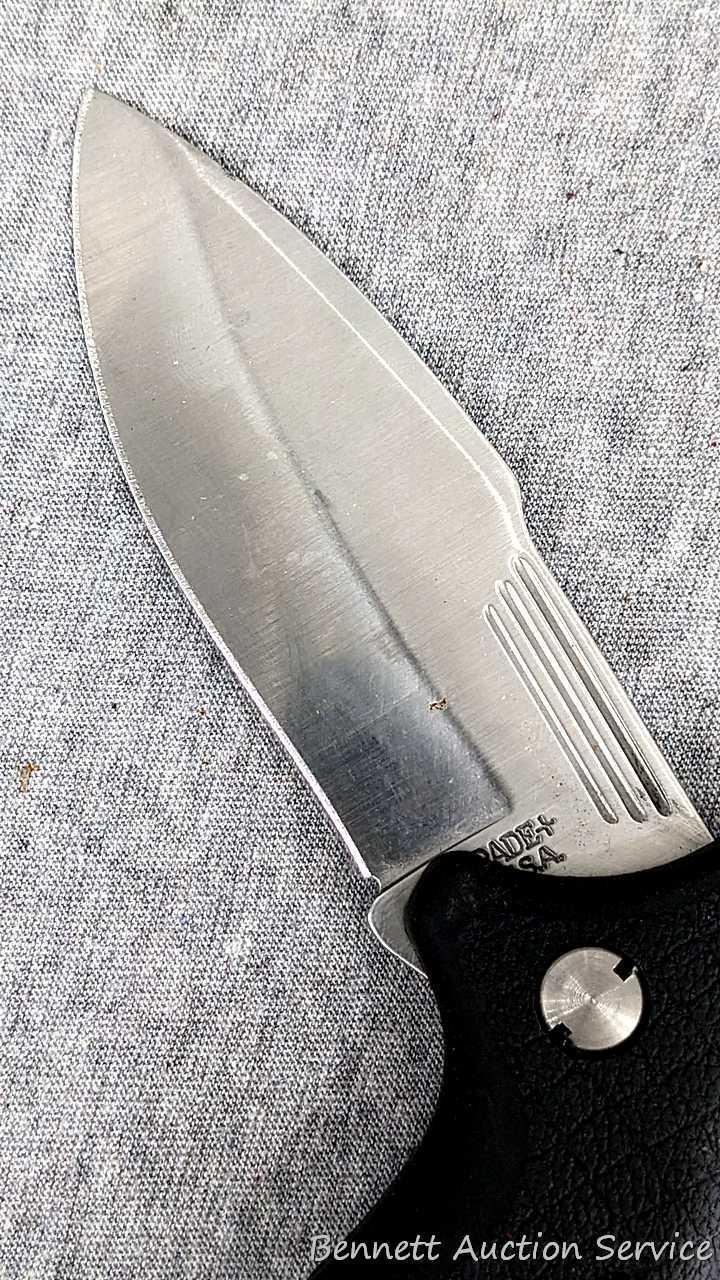 Schrade folding knife, SG8, measures 8-1/2" open. Blade and handle slabs are tight. Made in USA.