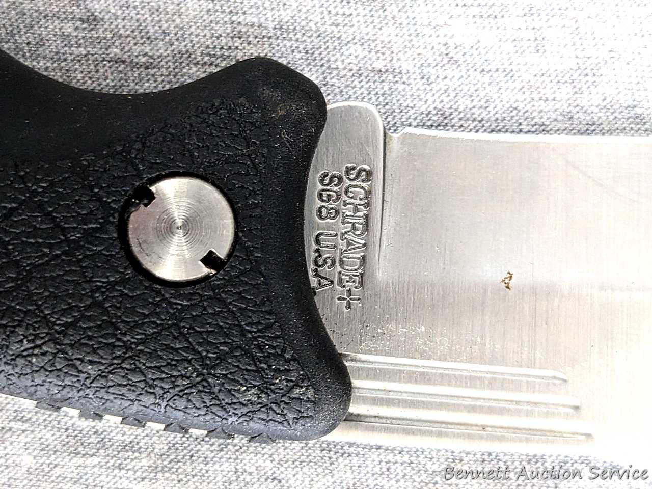 Schrade folding knife, SG8, measures 8-1/2" open. Blade and handle slabs are tight. Made in USA.