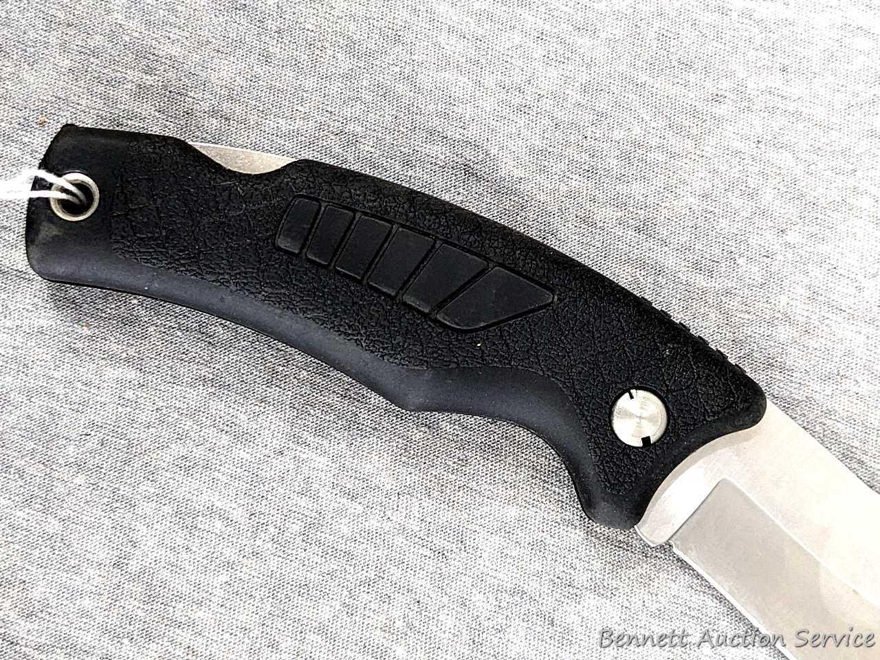 Schrade folding knife, SG8, measures 8-1/2" open. Blade and handle slabs are tight. Made in USA.