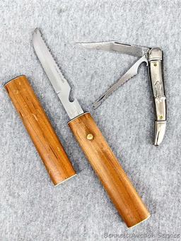 Sheathed floating fish knife in wooden sheath with stainless blade; Folding Fish Knife measures