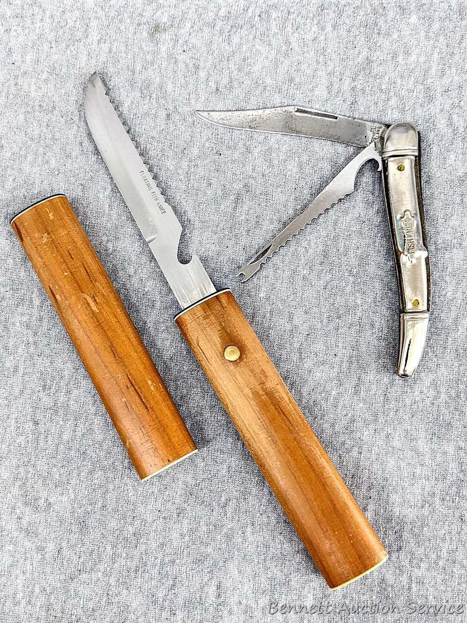 Sheathed floating fish knife in wooden sheath with stainless blade; Folding Fish Knife measures