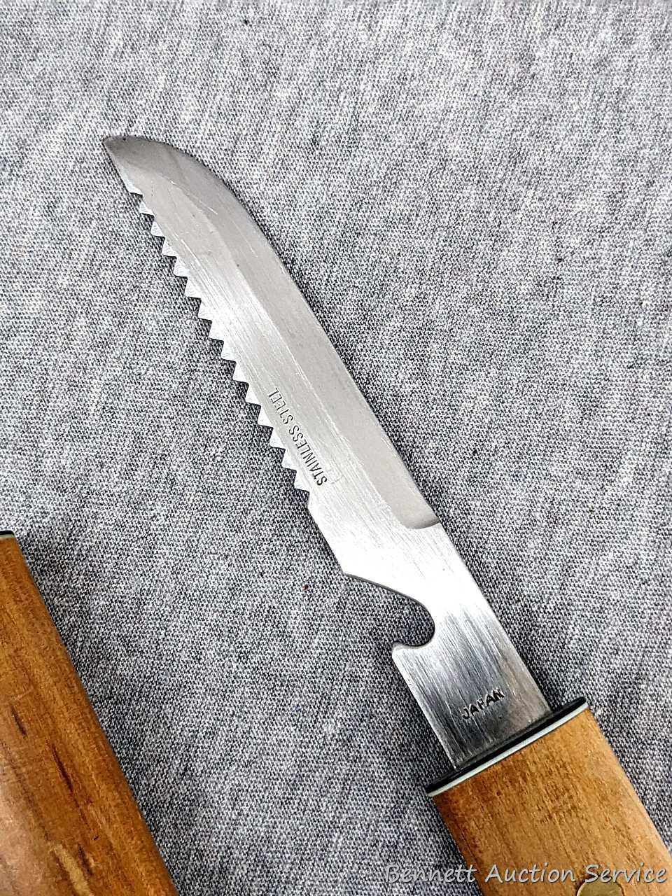 Sheathed floating fish knife in wooden sheath with stainless blade; Folding Fish Knife measures