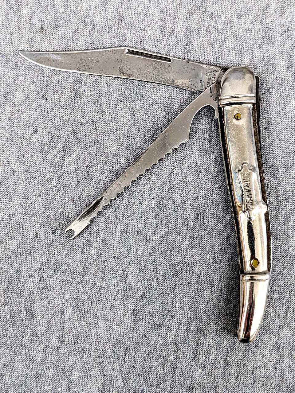 Sheathed floating fish knife in wooden sheath with stainless blade; Folding Fish Knife measures