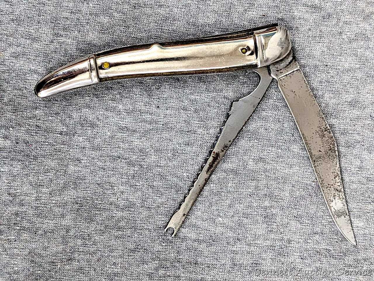 Sheathed floating fish knife in wooden sheath with stainless blade; Folding Fish Knife measures