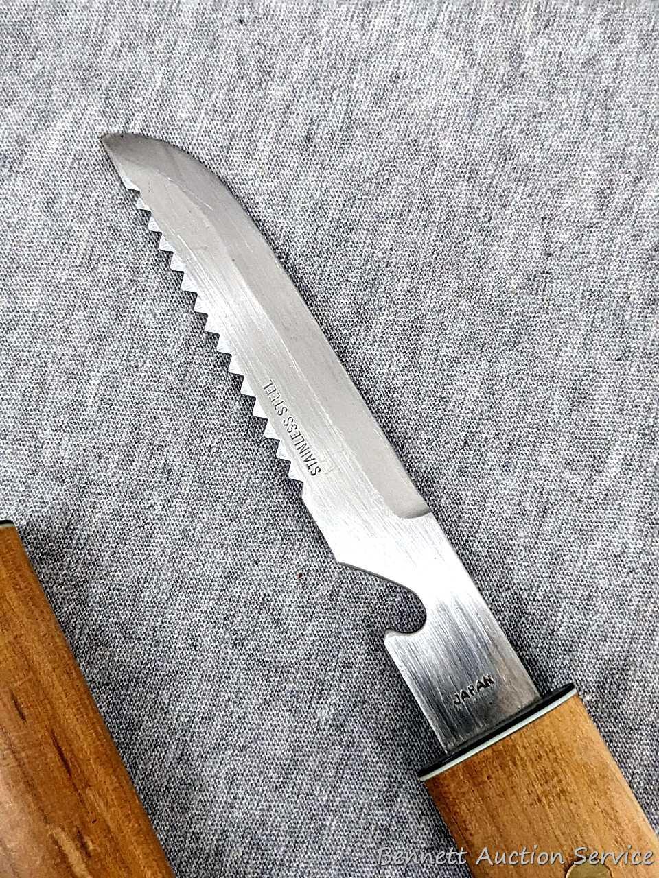 Sheathed floating fish knife in wooden sheath with stainless blade; Folding Fish Knife measures