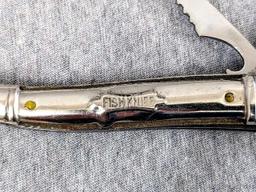 Sheathed floating fish knife in wooden sheath with stainless blade; Folding Fish Knife measures