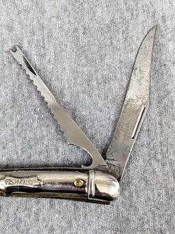 Sheathed floating fish knife in wooden sheath with stainless blade; Folding Fish Knife measures