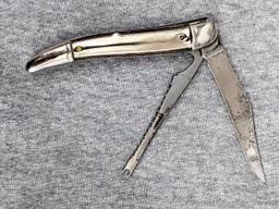 Sheathed floating fish knife in wooden sheath with stainless blade; Folding Fish Knife measures