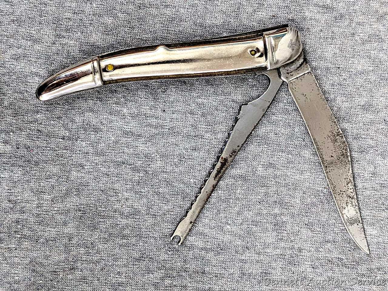 Sheathed floating fish knife in wooden sheath with stainless blade; Folding Fish Knife measures