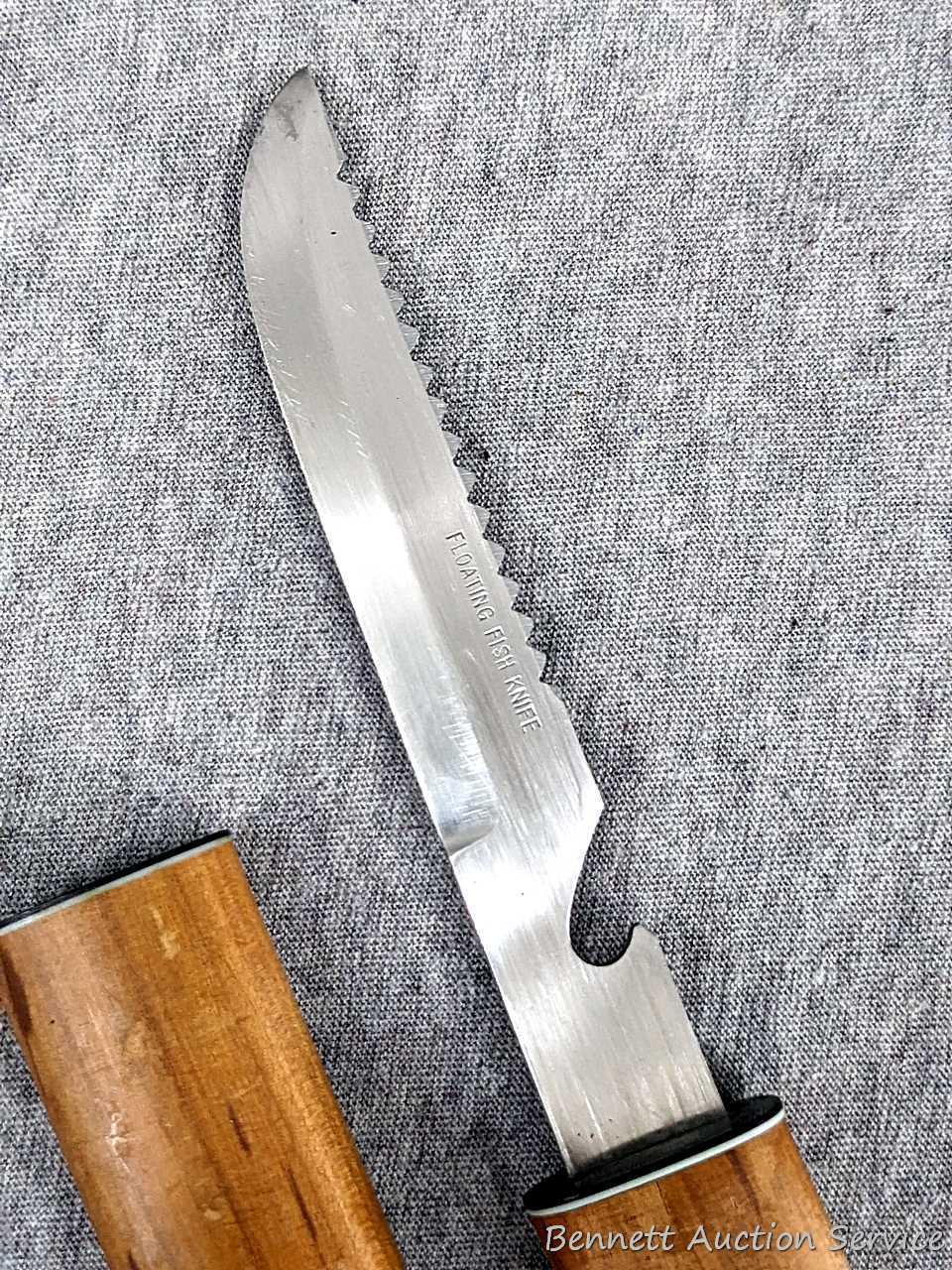 Sheathed floating fish knife in wooden sheath with stainless blade; Folding Fish Knife measures