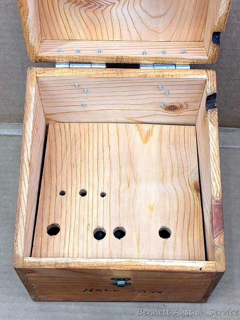 Tool organizer boxes for router, hole saws, disc sander, more. Largest about 10-1/2" x 8" x 8".