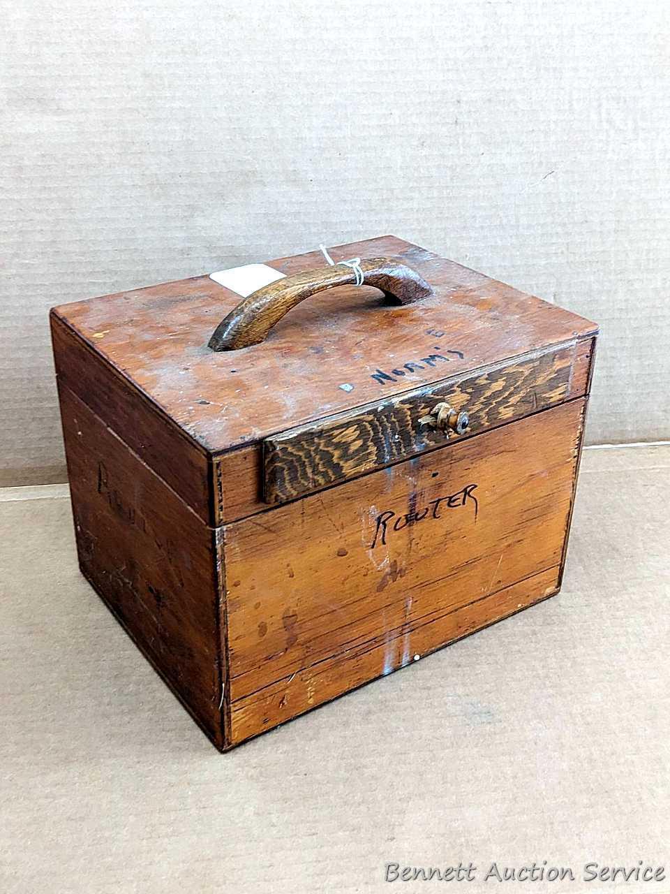 Tool organizer boxes for router, hole saws, disc sander, more. Largest about 10-1/2" x 8" x 8".