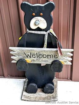 31" Wooden bear welcome sign. Could use a new scarf or ascot and a new ground base.
