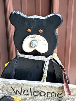 31" Wooden bear welcome sign. Could use a new scarf or ascot and a new ground base.