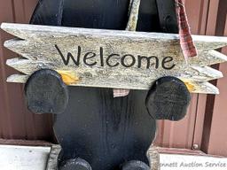 31" Wooden bear welcome sign. Could use a new scarf or ascot and a new ground base.