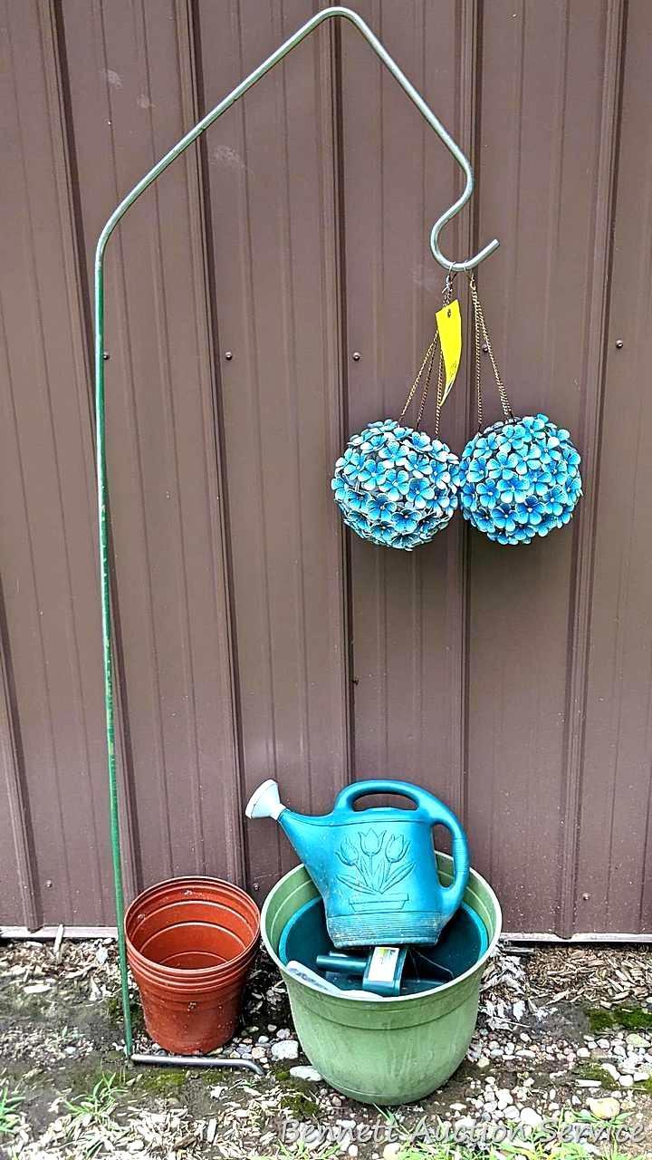 Unique shepherd's hook display two pretty floral solar lamps; watering can, planters up to 17".