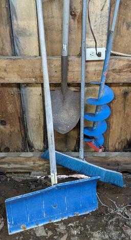 2' wide push broom and metal snow shovel, plus an ice auger and spade shovel.