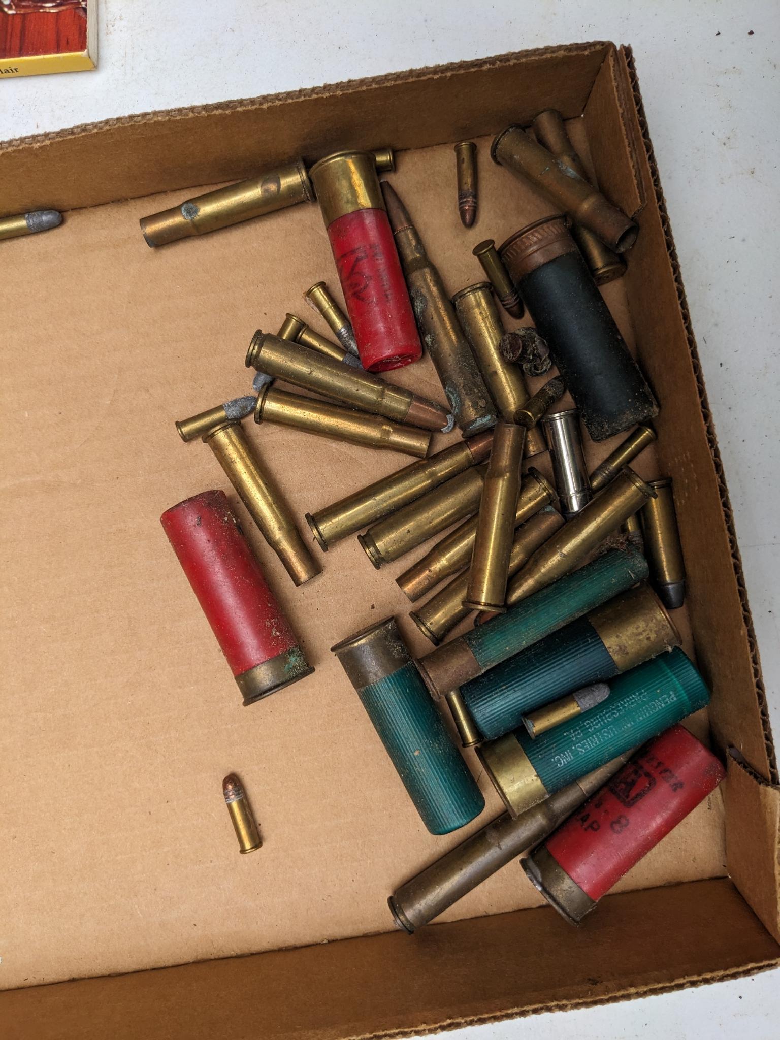 Meat cook book, plus ammunition including .22 long, 16 gauge, 12 gauge, .410 shot shells, .22LR,