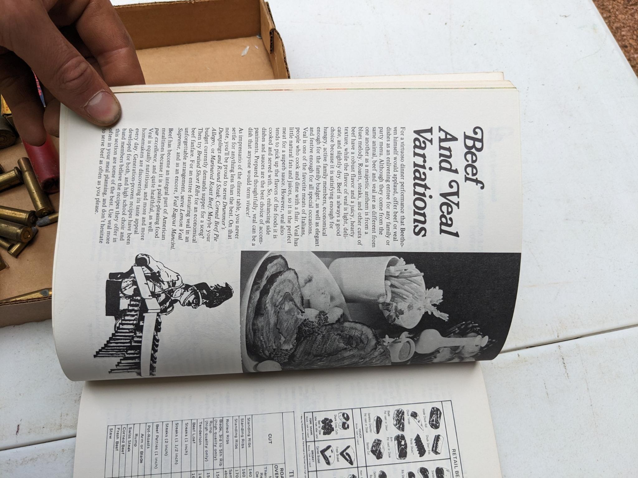 Meat cook book, plus ammunition including .22 long, 16 gauge, 12 gauge, .410 shot shells, .22LR,