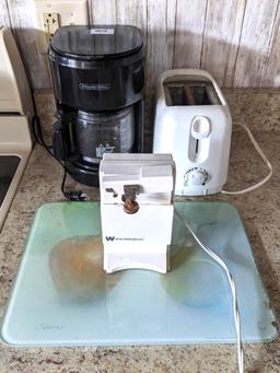 Proctor Silex 10 cup coffee maker, two slice toaster and a White Westinghouse electric can opener,