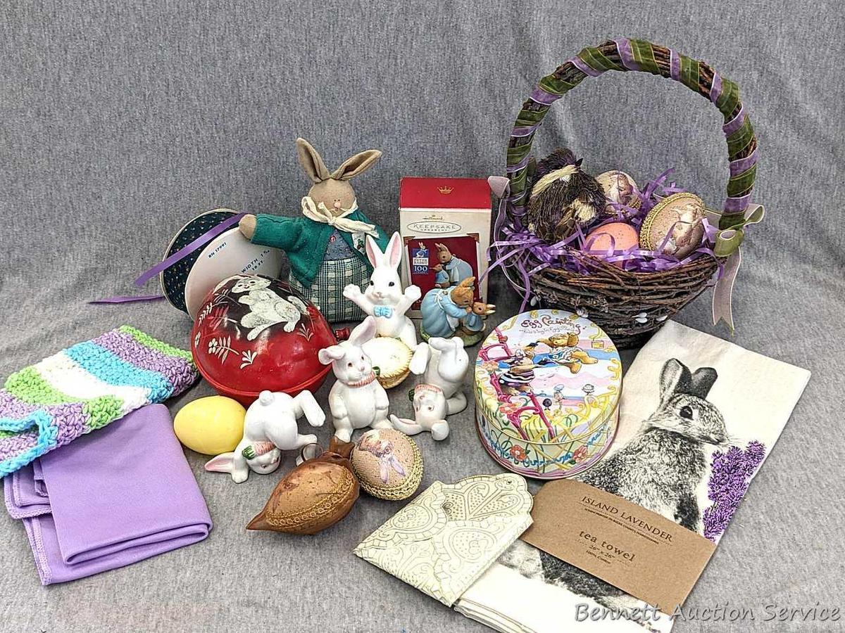 Easter holiday decorations incl Island Lavender tea towel, Norwex window cloth, crocheted washcloth,