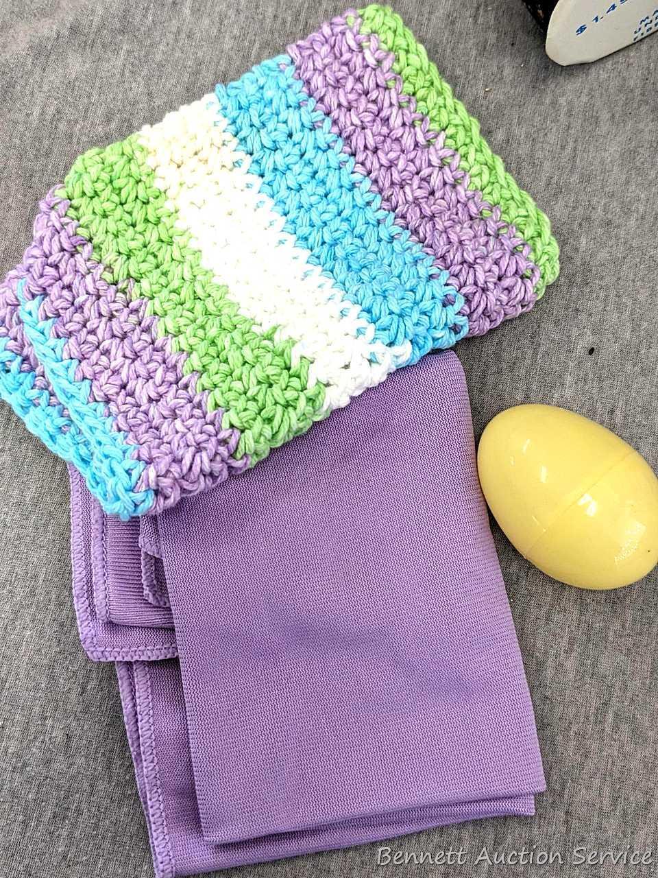 Easter holiday decorations incl Island Lavender tea towel, Norwex window cloth, crocheted washcloth,