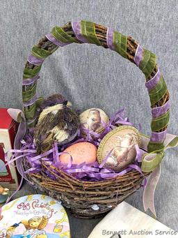 Easter holiday decorations incl Island Lavender tea towel, Norwex window cloth, crocheted washcloth,