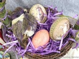 Easter holiday decorations incl Island Lavender tea towel, Norwex window cloth, crocheted washcloth,