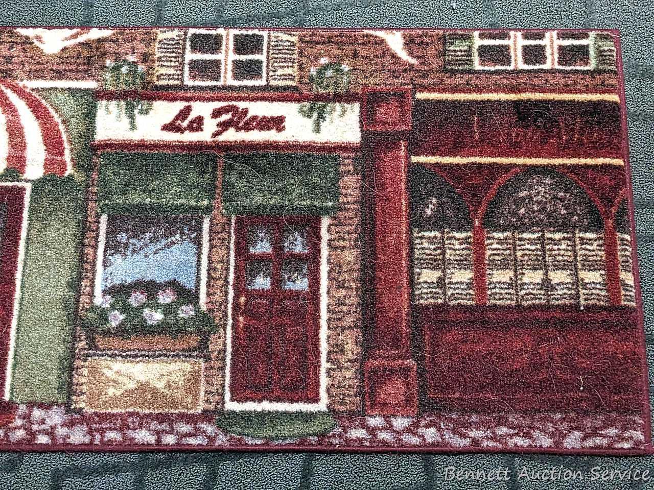 41" x 62" Tropical Bliss Spice rug, and a pair of matching kitchen rugs. All in good condition,
