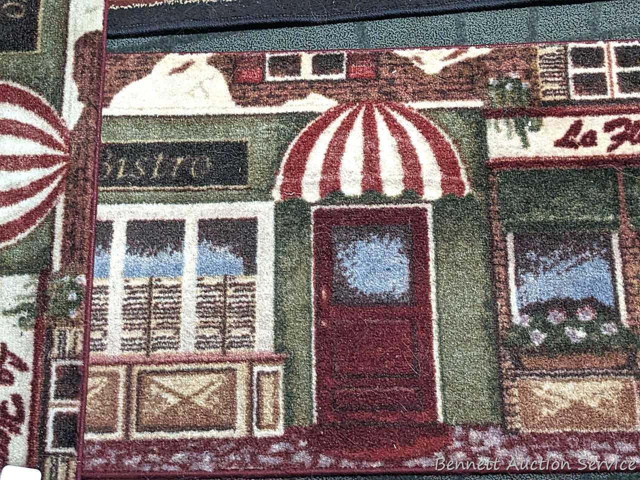 41" x 62" Tropical Bliss Spice rug, and a pair of matching kitchen rugs. All in good condition,