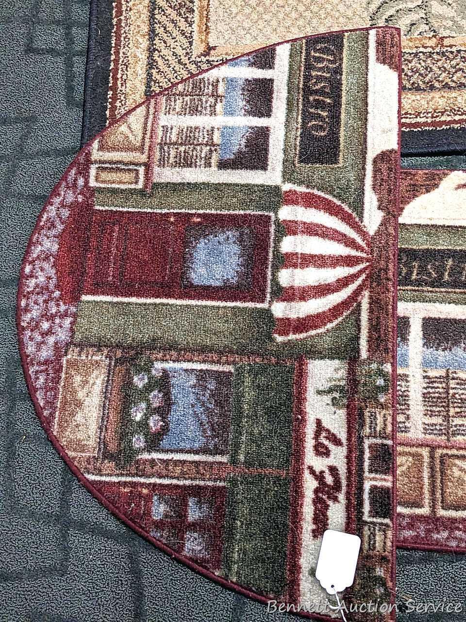 41" x 62" Tropical Bliss Spice rug, and a pair of matching kitchen rugs. All in good condition,