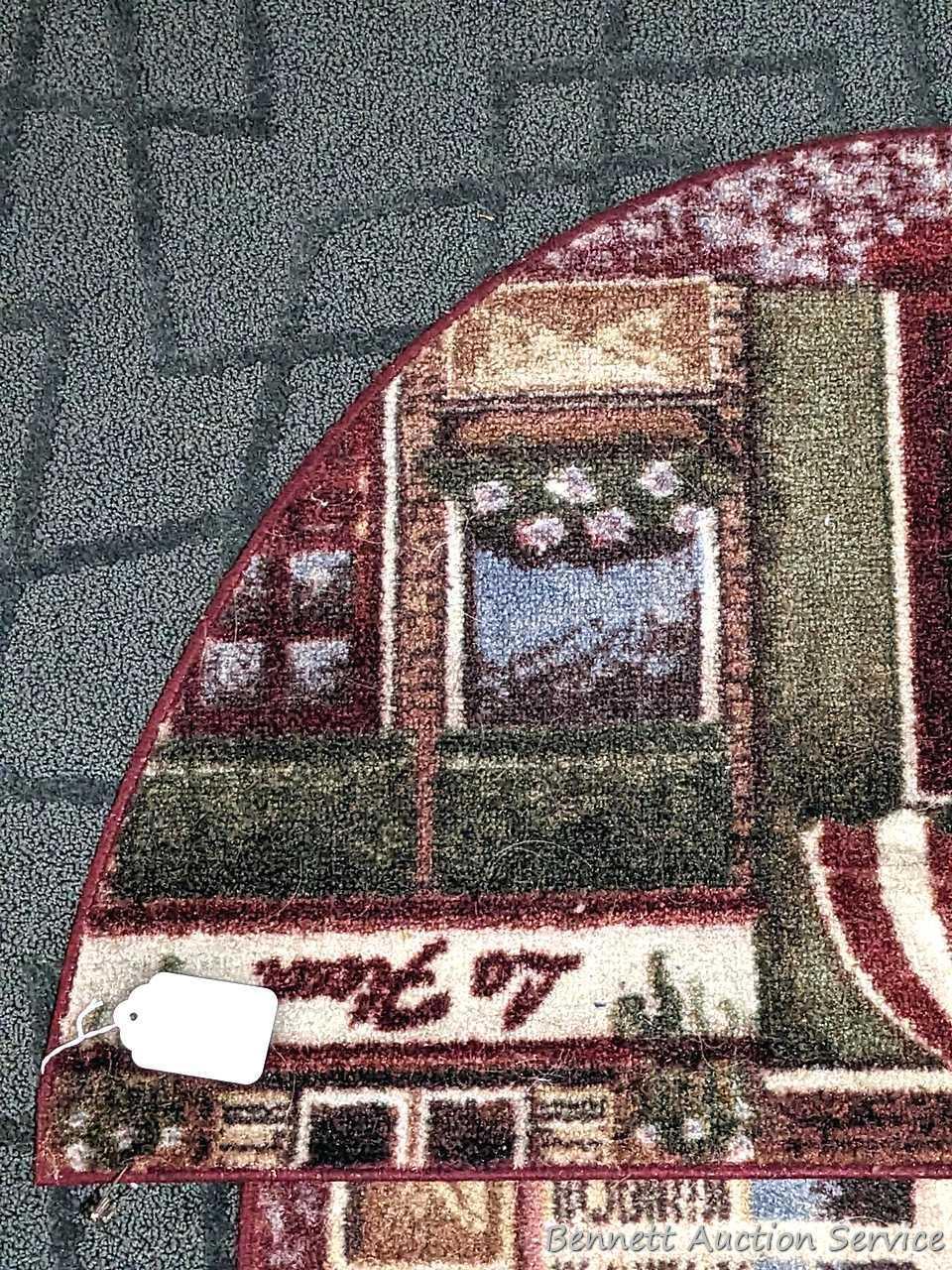41" x 62" Tropical Bliss Spice rug, and a pair of matching kitchen rugs. All in good condition,