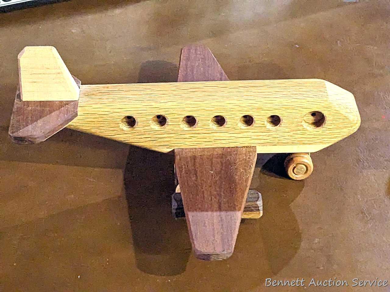 Neat wooden toys incl 12" bulldozer, airplane, more. Fun pieces.