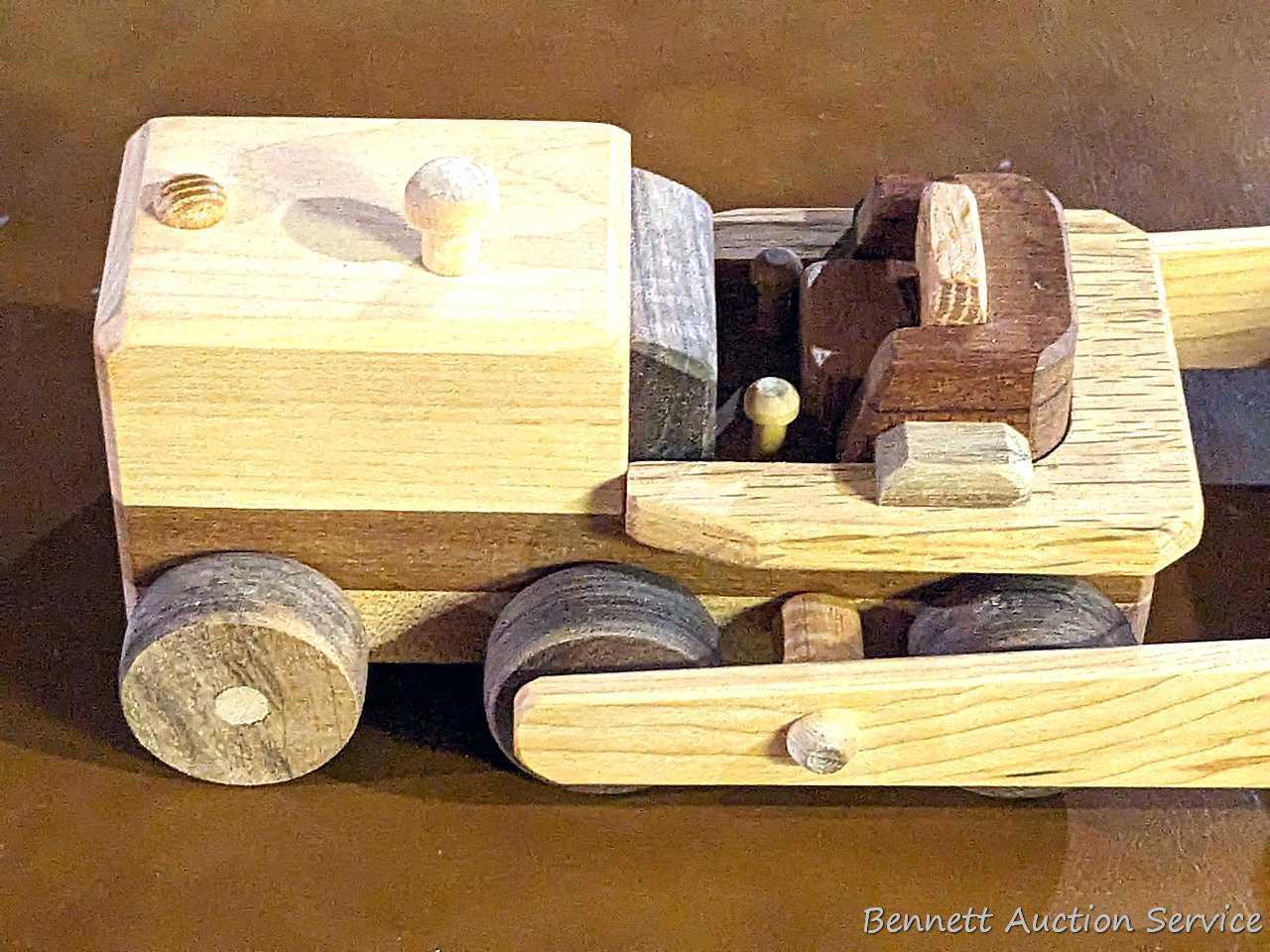 Neat wooden toys incl 12" bulldozer, airplane, more. Fun pieces.
