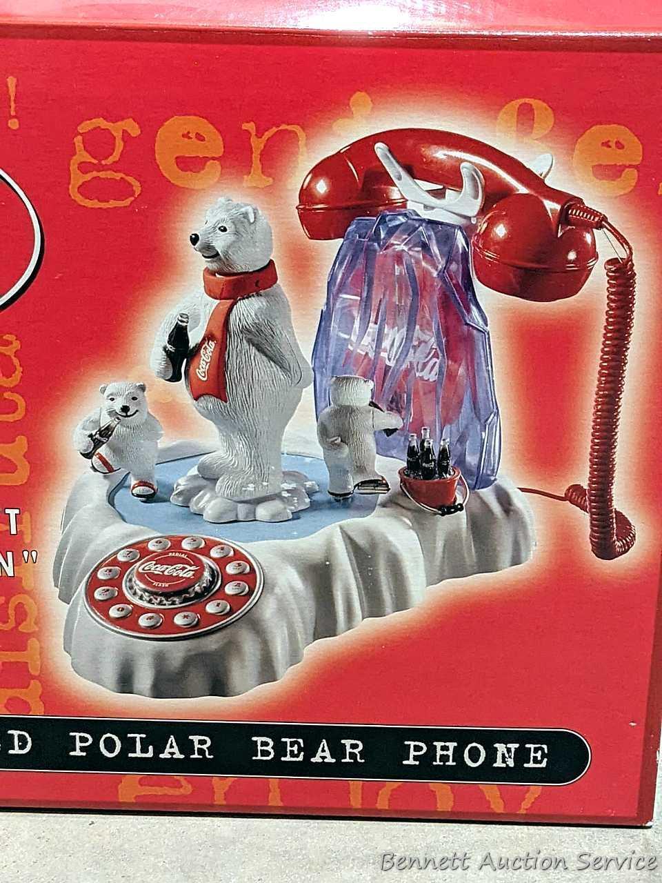 Nice Coca-Cola folding chair about 23" over wooden arms, plus a clock and phone that look new.