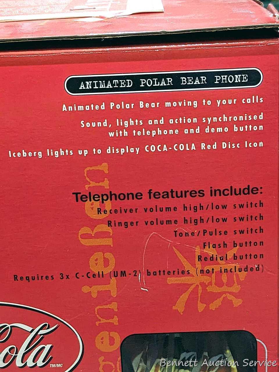 Nice Coca-Cola folding chair about 23" over wooden arms, plus a clock and phone that look new.