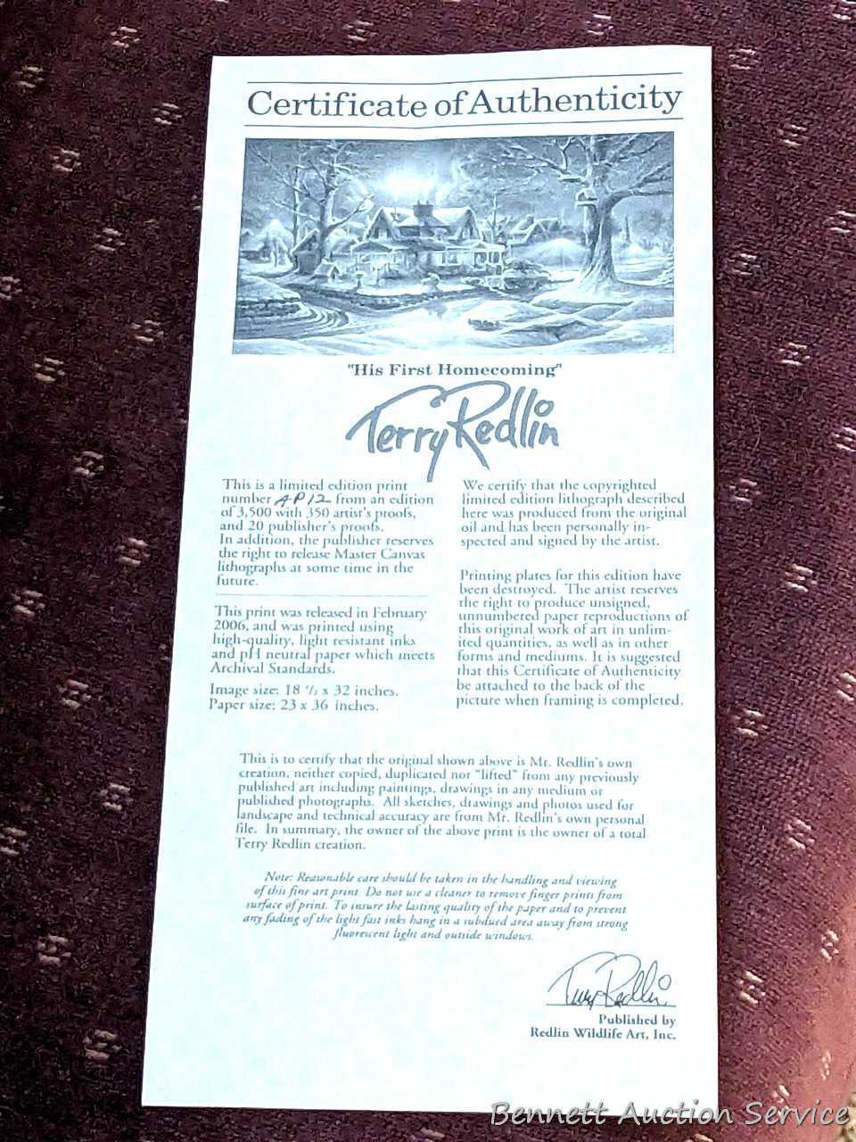 Signed and numbered framed print by Terry Redlin entitled 'His First Homecoming' has Certificate of