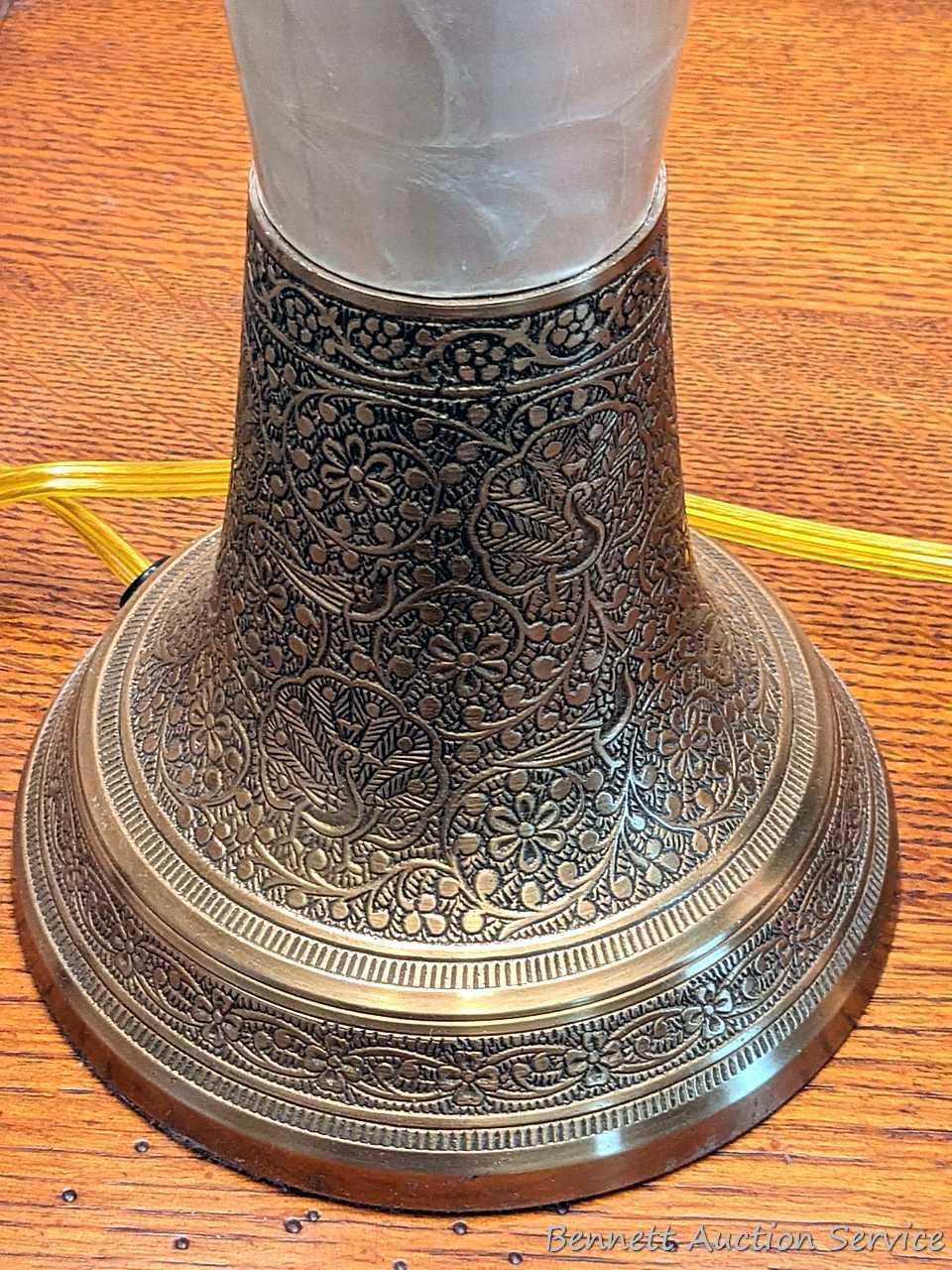 Pair of 30" table lamps in good condition, work. One is missing brass toned finial.