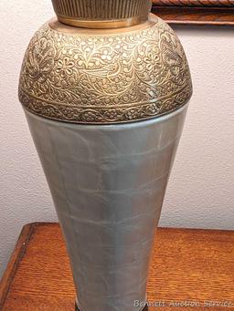 Pair of 30" table lamps in good condition, work. One is missing brass toned finial.
