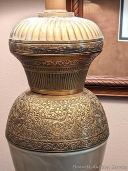 Pair of 30" table lamps in good condition, work. One is missing brass toned finial.
