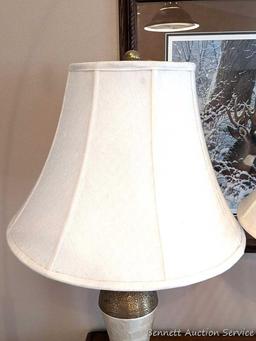 Pair of 30" table lamps in good condition, work. One is missing brass toned finial.