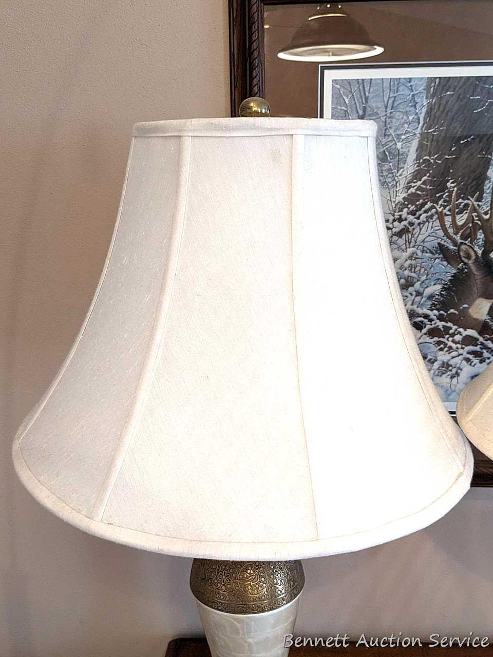 Pair of 30" table lamps in good condition, work. One is missing brass toned finial.