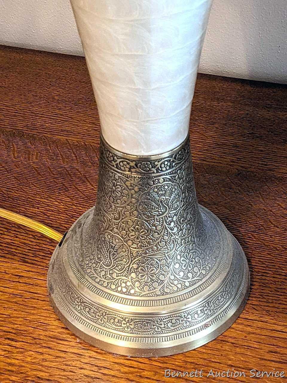 Pair of 30" table lamps in good condition, work. One is missing brass toned finial.