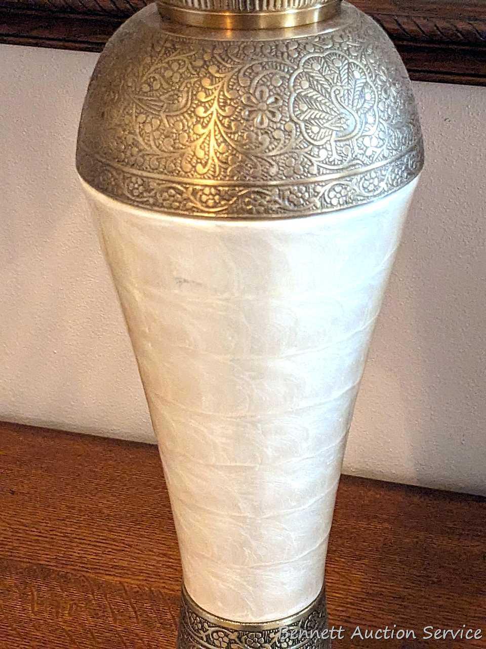 Pair of 30" table lamps in good condition, work. One is missing brass toned finial.