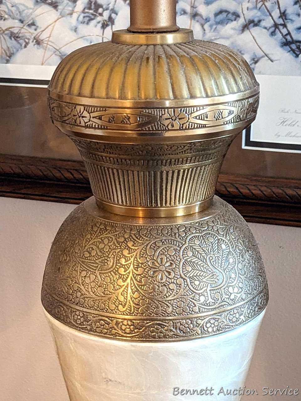 Pair of 30" table lamps in good condition, work. One is missing brass toned finial.